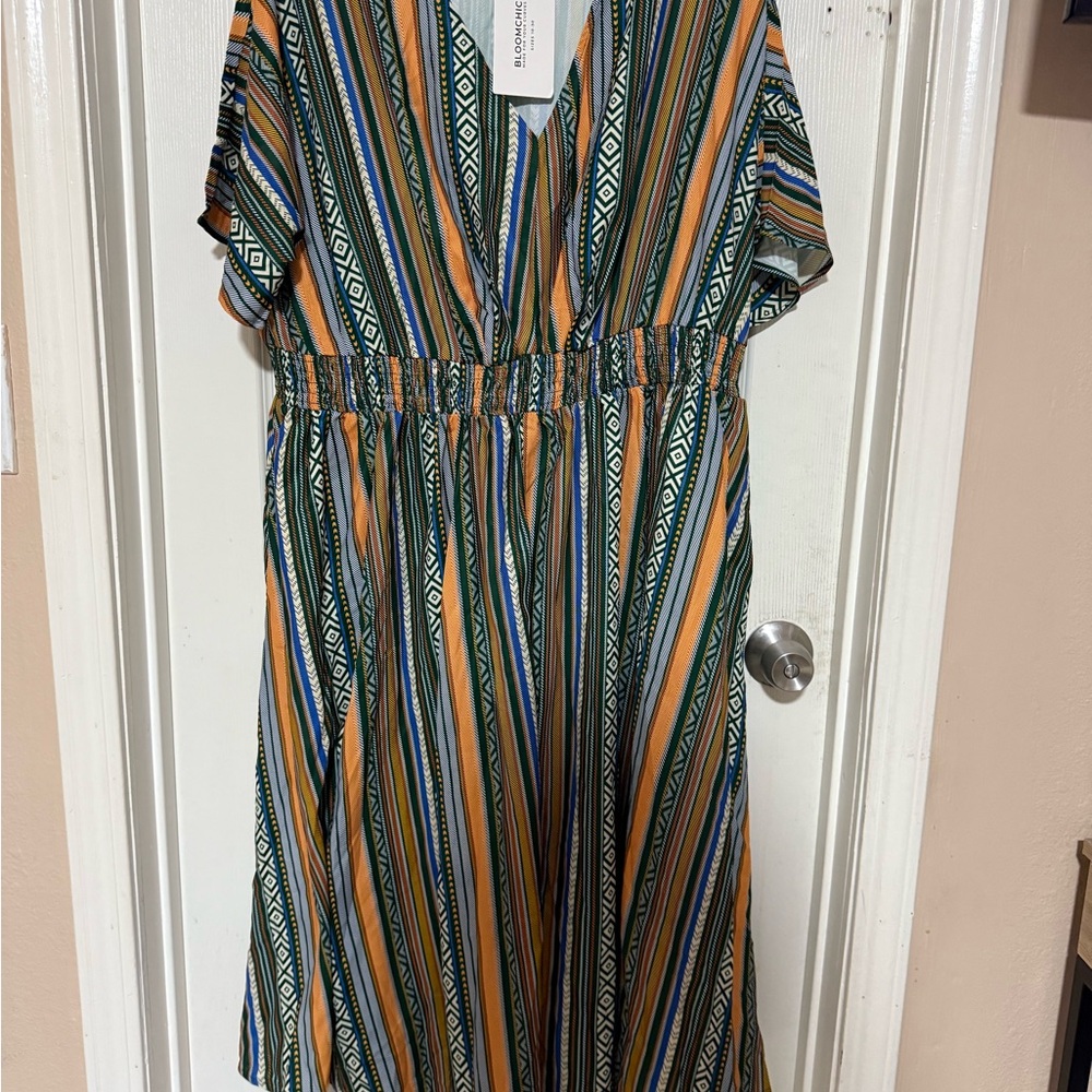 BloomChic Dress with Green, Blue, and Orange Stripes